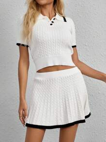 Women's Fashion Casual Cable Knit Contrast Trim Button Up Top & Skirt 2 Pieces Set