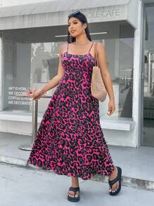 SHEIN EZwear Plus Size Leopard Print Sleeveless Backless Dress With Adjustable Waist And Hidden Zipper, Spring/Summer,Summer Dresses For Women,Maxi Dress