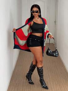 Maweii 大码女式拼色条纹格子休闲针织开衫 - 紅色 - 查看 5