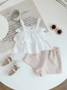 SHEIN LMoss Kids Babygirl 可爱夏日度假荷叶边吊带背心和短裤套装 - 彩色 - 查看 2