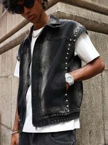 PAVTROS Manfinity Streetrush Men's Black Loose Fit Street Style Denim Vest Jacket - Black - View 7