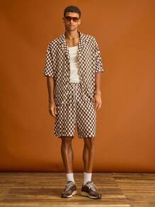 Musero Checkered Boxy Oversized Button Through Short Sleeve Shirt Revere Collar Sets Spring Summer Holiday Vacation - Multicolor - View 4