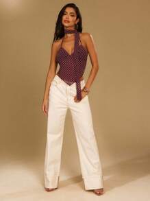 Denimoi Sheer Mesh Polka Dot Backless Halter Top With Scarf, Going Out - Brown - View 3