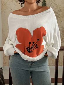 SHEIN VCAY Suéter con estampado floral de manga de bata de talla grande, informal para primavera y otoño, suéter de otoño, suéter, jersey para mujer, suéter floral Y2k 2000s, blusas lindas para salir, blusas gráficas de otoño para mujer, de talla grande, de otoño e invierno para mujer, de vuelta al colegio, casual de negocios, vintage de campo, grunge, básico, cumpleaños para mujer, salida nocturna, maestro para mujer - Beis - Ver 4