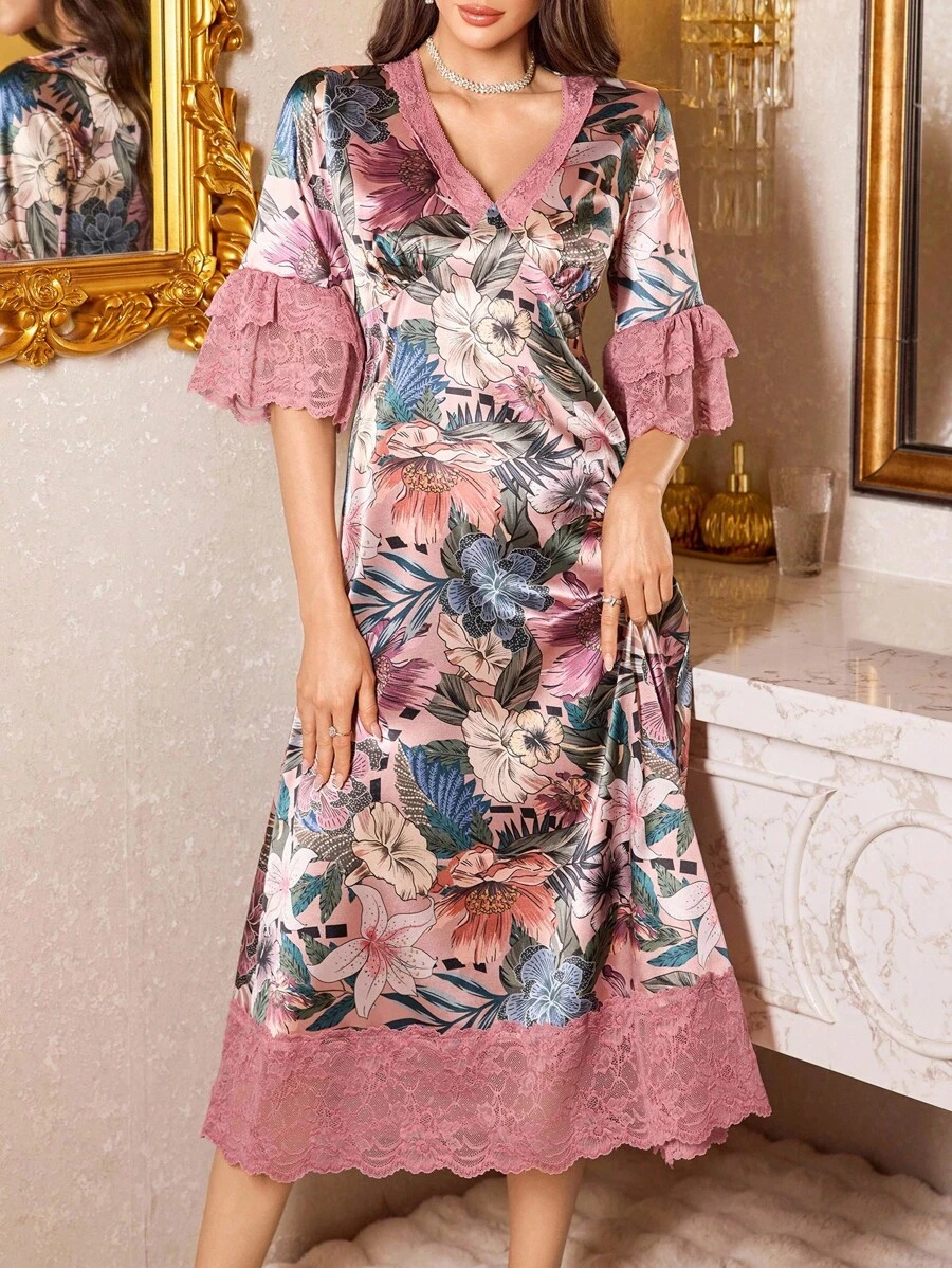 LuxeNights Elegant Romantic Floral Print Lace Ruffle Satin Women Nightgown - Purple - View 1