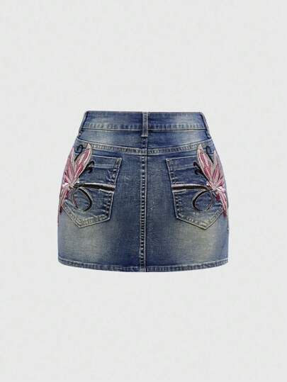 ROMWE Fairycore Y2K Babe Slim Fit Butterfly Embroidered Sexy Low Waist Bodycon Mini Skirt