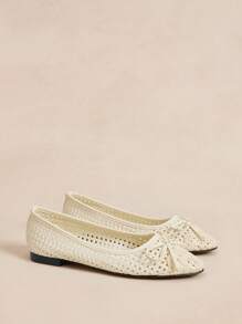 Rosivie Women Shoes Women's Flat Shoes Round Toe Silver Bow French Mary Jane Breathable Woven Hollow Buckle Strap Retro Casual Outdoor Shoes - Apricot - View 5