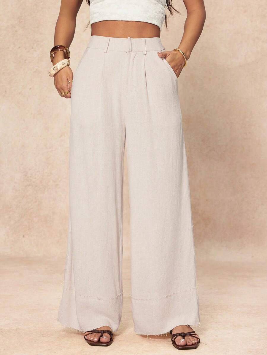 SHEIN PETITE Damen einfarbige plissierte weite Bein Lose Lässig Hose