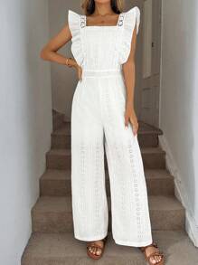 Easowa 法式优雅系带袖高腰深V背纯色刺绣直筒阔腿连体裤，夏季度假装 - 白色 - 查看 5