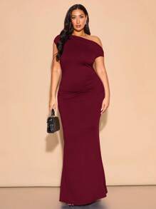 SHEIN BAE Váy Maxi Xù Lông Bất Đối Xứng Thanh Lịch Cỡ Lớn Cho Nữ, Thích Hợp Mặc Hàng Ngày, Hẹn Hò, Đi Chơi, Tiệc Tùng, Đi Câu Lạc Bộ, Halloween, Ngày Lễ Tình Nhân, Đám Cưới Làm Phù Dâu Hoặc Váy Dự Tiệc, Váy Hẹn Hò Lãng Mạn - Màu Đỏ Sâu - Xem 1