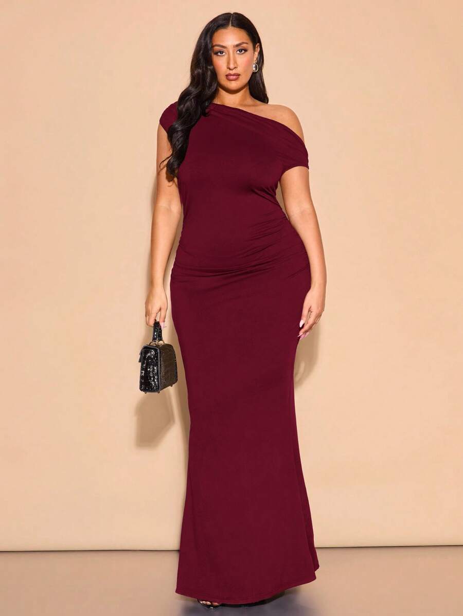 SHEIN BAE Váy Maxi Xù Lông Bất Đối Xứng Thanh Lịch Cỡ Lớn Cho Nữ, Thích Hợp Mặc Hàng Ngày, Hẹn Hò, Đi Chơi, Tiệc Tùng, Đi Câu Lạc Bộ, Halloween, Ngày Lễ Tình Nhân, Đám Cưới Làm Phù Dâu Hoặc Váy Dự Tiệc, Váy Hẹn Hò Lãng Mạn - Màu Đỏ Sâu - Xem 1