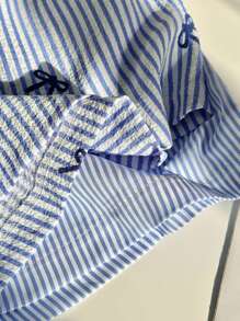 SHEIN Unity 2件套女士抽绳条纹短裤和条纹蝴蝶结短裤，夏季 - 藍色 - 查看 4