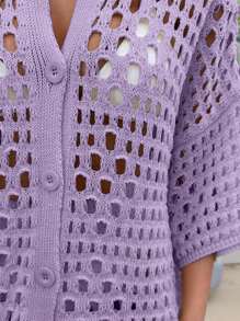 EURMUSE Women Hollow Out Cut Out Button Front Knit Shirt Top And Sweater Pant 2pcs Set Co-Ords Cover Up Beach Set - Lilac Purple - View 8