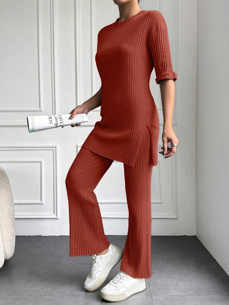 EURMUSE 100%Cotton Drop Shoulder Tee & Pants - Redwood - View 1