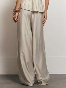 MUSERA 松紧腰阔腿裤 可爱夏季度假休闲优雅亚麻风长裤 机场沙滩集体办公着装 女士职业装 情人节春季 - 卡其色 - 查看 4