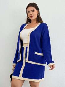 EURMUSE Contrast Trim Drop Shoulder Cardigan & Knit Skirt - Royal Blue - View 5