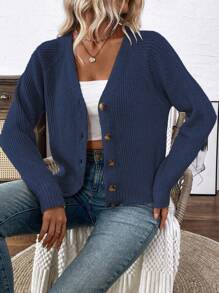 EMERY ROSE Áo len cardigan cổ chữ V đa năng dành cho nữ, áo khoác len hở phía trước tối giản, rộng rãi thoải mái - Màu xanh hải quân - Xem 5