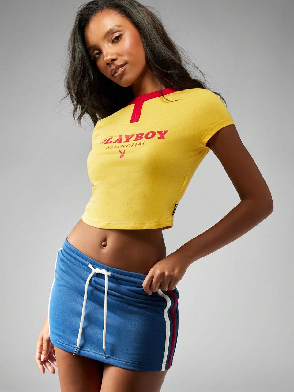 Missguided x Playboy Yellow Crop Baby Tee Shanghai Edition Graphic Print Basic Tee Henley Neckline Red Contrast Cotton Jersey Top Casual Street Style Summer Fashion