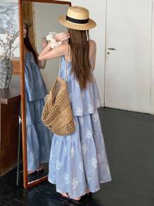 DAZY 2件套女士度假风格细肩带背心和裙子套装 - 藍色 - 查看 3