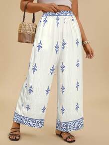 SHEIN VCAY Plus Size Women's Casual Geometric Print Linen Blend Loose Summer Pants