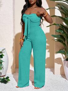 Slaydiva 新款春夏休闲度假性感优雅抹胸蝴蝶结直筒阔腿超长裤橙色针织女式连体裤 - 薄荷藍 - 查看 6