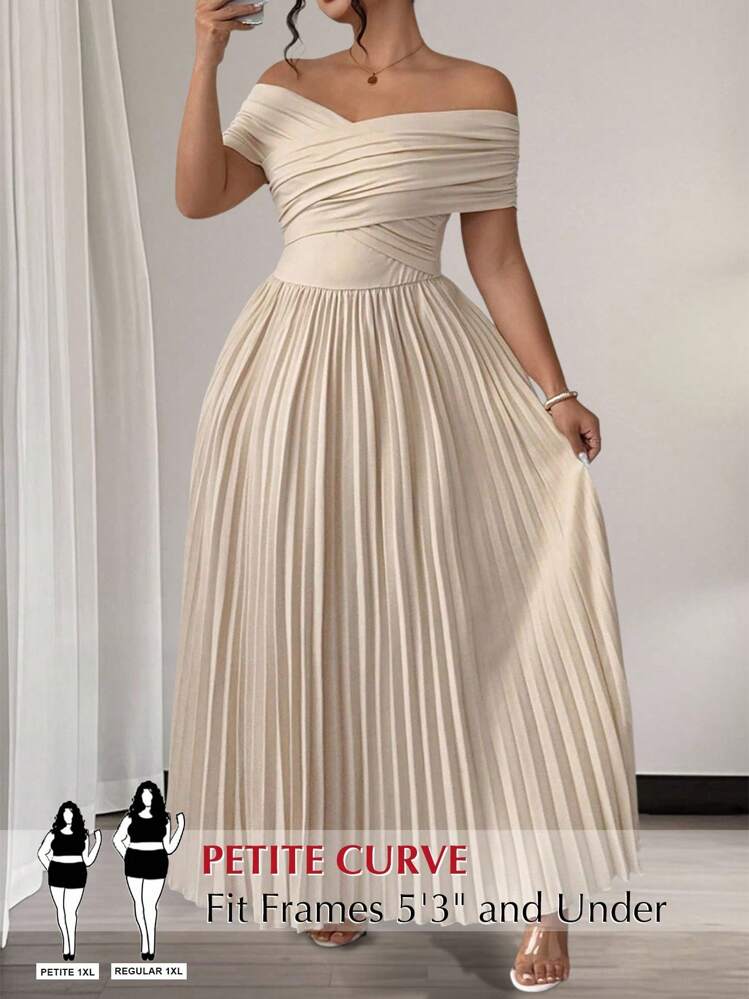 SHEIN PETITE 露肩褶皱腰身吊带连衣裙，无袖，尺码齐全，适合大码和娇小身材，夏季浪漫优雅毕业礼服，生日女士休闲连衣裙，白色连衣裙 - 卡其色 - 查看 3