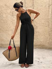 SHEIN Frenchy 女士纯色交叉前襟设计阔腿连体裤，假日风格