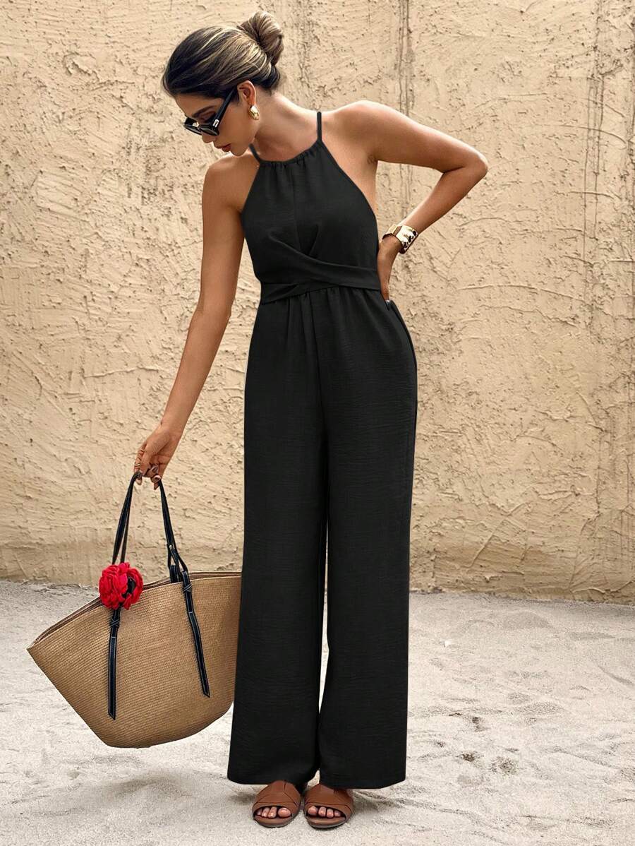 SHEIN Frenchy 女士纯色交叉前襟设计阔腿连体裤，假日风格