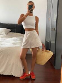 DAZY 女士宽松亚麻休闲直筒口袋短裤，适合度假、秋季 - 米色 - 查看 4