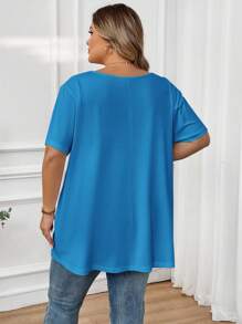 SHEIN CURVE+ Curve 大码/秋装/秋季女装/女士冬装/冬装大码纯色圆领休闲短袖 T 恤，夏季 - 藍色 - 查看 2