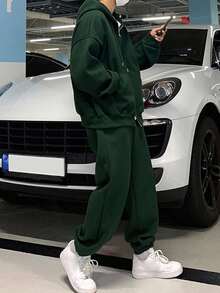 DAZY Men's Solid Green Color Hoodie Hooded Sweatshirt Set, For Autumn - Green - View 7