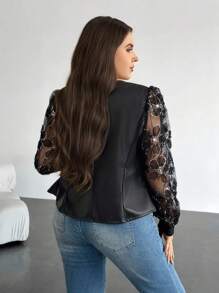 Firerie Plus Size Elegant Mixed Mesh & Applique Decoration Stand Collar PU Leather Jacket Winter Fall Autumn Fall/Winter - Black - View 3