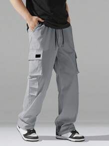 Manfinity Hypemode 男士秋季多口袋抽绳腰直筒休闲裤 - 淺灰色 - 查看 5