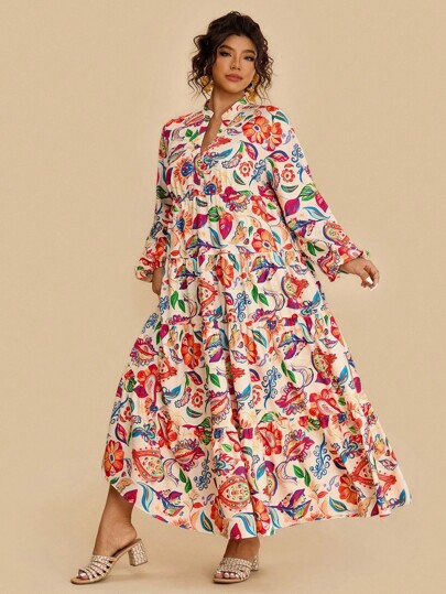 Travachic Plus Size Casual Holiday Colorful Floral Print V-Neck 3/4 Sleeve Ruffle Hem Patchwork Maxi Dress, Loose Fit