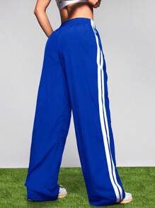 Cheerettes 女士休闲条纹侧缝抽绳腰瑜伽裤，适合日常穿着 - 藍色 - 查看 2