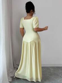 Elenzga 大码女式优雅休闲中长连衣裙，精致方领，腰带，荷叶边下摆，透明雪纺短袖，小腿长度，浅黄色，适合办公室、度假、派对 - 黃色 - 查看 2