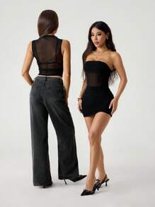 SHEIN PETITE Vestido mini tubo negro sexy ajustado con pliegues y malla de unicolor para mujer - Negro - Ver 6