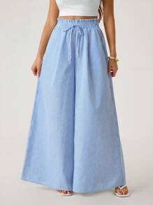 SHEIN Tall Damen-Freizeithose mit Taillenband, Streifenmuster, Taschen, weitem Bein, lockerem Schnitt und langer Passform, für große Frauen - Blau-Weiß - Übersicht 5