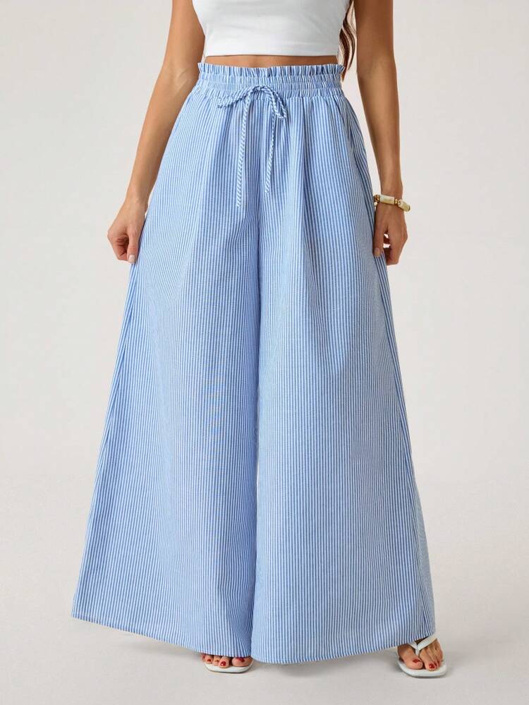 SHEIN Tall 女款腰部綁帶條紋口袋寬腿寬鬆休閒長褲，適合高個女性 - 藍白色 - 查看 5