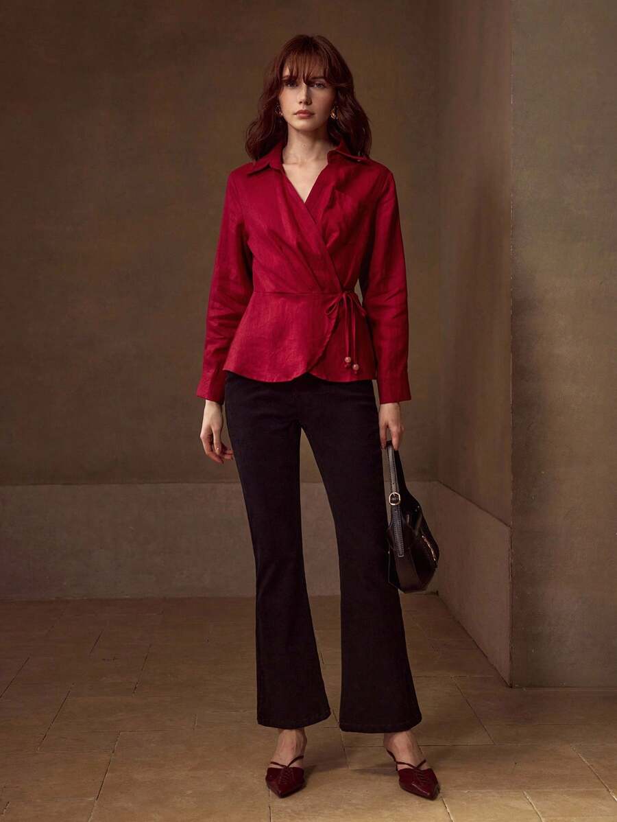 MOTF PREMIUM WRAP KNOT SHIRT - Red - View 1
