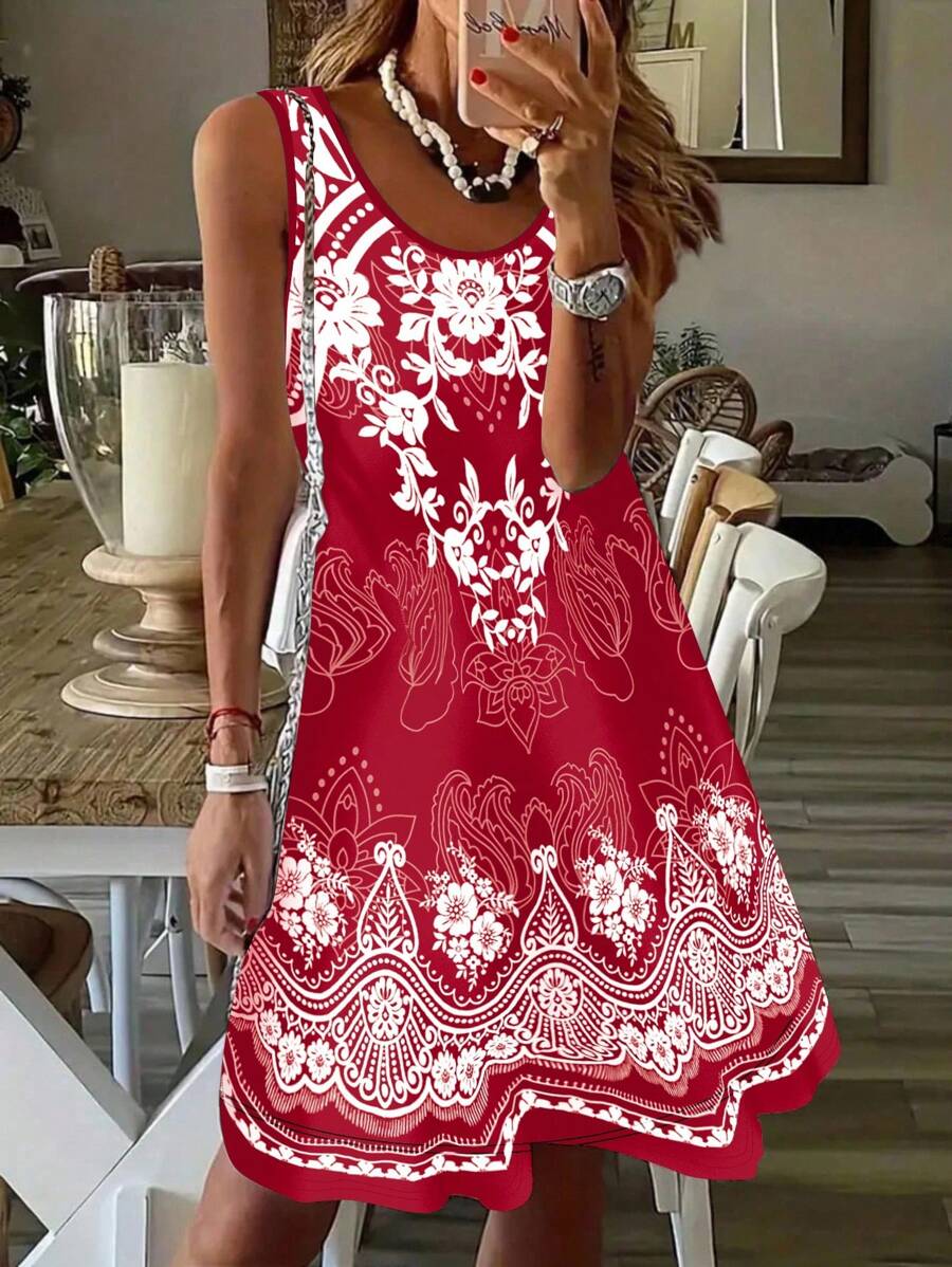 SHEIN LUNE Đầm Maxi Không Tay Cổ Tròn In Hoa Cỡ Lớn Cho Nữ, Phong Cách Kỳ Nghỉ - Nhiều màu - Xem 1