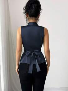 Elenzga 女士优雅办公室商务休闲无袖衬衫，有领，交叉系带腰部，褶皱后腰蝴蝶结下摆开叉，适合通勤、办公室、下午茶、派对、春夏季 - 藏蓝色 - 查看 2