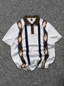 Manfinity Homme 1 pieza Camisa polo de manga corta con patrón geométrico para hombre. El diseño geométrico llamativo presenta franjas diagonales alternadas en colores marrón, azul marino y crema a través del área del pecho, creando un aspecto visualmente atractivo y sofisticado. El cuello es de color marrón. Esta camisa polo casual-a-empresarial popular e madura es perfecta para el uso diario y una excelente opción de regalo para novios, esposos y parejas.