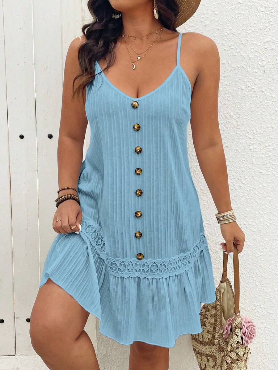 Breezaya 加大码 V 领无袖纽扣拼接荷叶边下摆纹理吊带背心连衣裙 - 淺藍色 - 查看 1