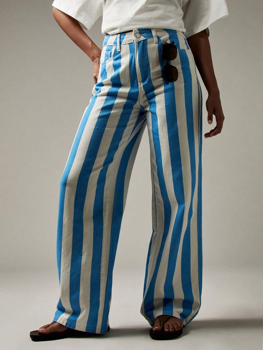 JEANS DE PIERNA RECTA DE TIRO ALTO CON ESTAMPADO DE RAYAS DE DENIM - Multicolor - Ver 1