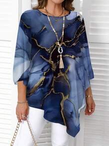 EMERY ROSE Elegant Navy Blue Summer Plus Size Women's Casual Ink Marble Texture Pattern Round Neck Long Sleeve Asymmetrical Blouse, Spring/Autumn Shirt - Multicolor - View 3