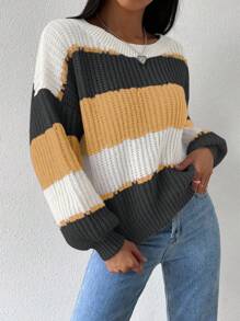 Chiquease 女士条纹圆领落肩宽松休闲套头毛衣针织套头衫秋冬 - 彩色 - 查看 3