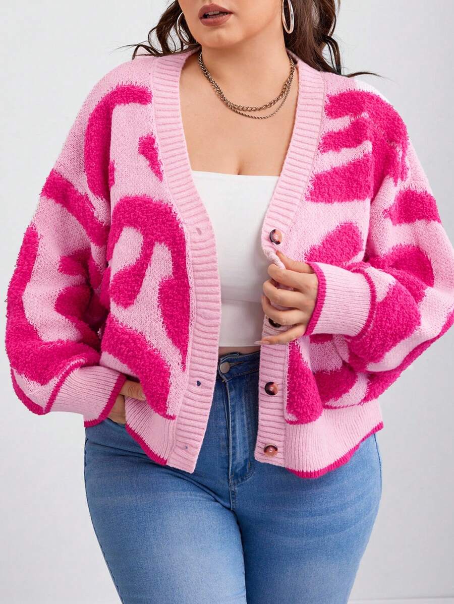 SHEIN CURVE+ Kontrast-Farbige Große Größen Einreiher Sexy Strick Cardigan, Herbst/Winter Große Größen Rosa Cardigan Rosa Cardigan Damen Rosa Pullover Süßer Cardigan Y2k Große Größen Cardigan Herbst Kleidung für Damen, Winter, CURVE PLUS