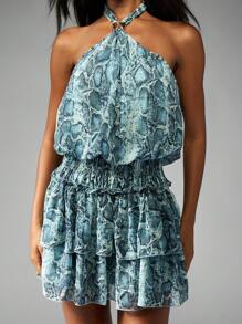 MISSGUIDED Snake Print Halter Neck Mini Dress Tiered Ruffle Summer Spring Party Festival Holiday Resort Sleeveless Backless Elastic Waist Design - Blue - View 4