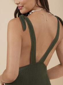 WESTFADE Traje de baño de una pieza con escote en V de punto waffle, tirantes con lazo, espalda baja y piernas altas que ofrece cobertura cheeky para verano, vacaciones y playa - Verde militar - Ver 2